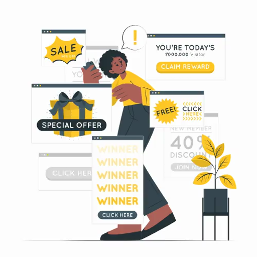 Illustration of a person surrounded by online scam pop-ups advertising fake rewards and prizes